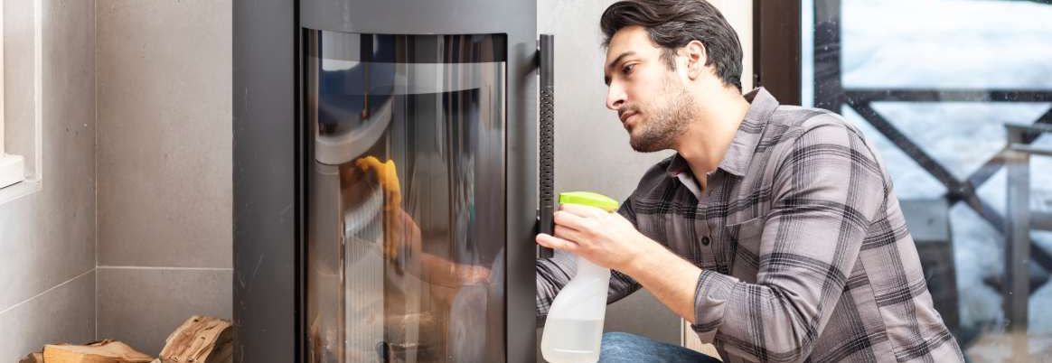 Person reinigt mit Sprühflasche und Tuch die Scheibe eines Kaminofens.